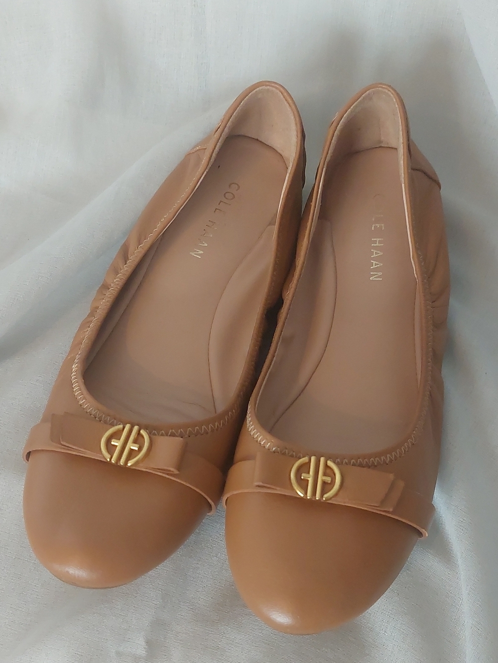 Cole Haan Tan Leather Ballet Flats with Gold Emblem